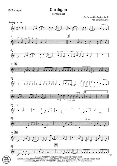 Cardigan By Taylor Swift Trumpet Sheet Music