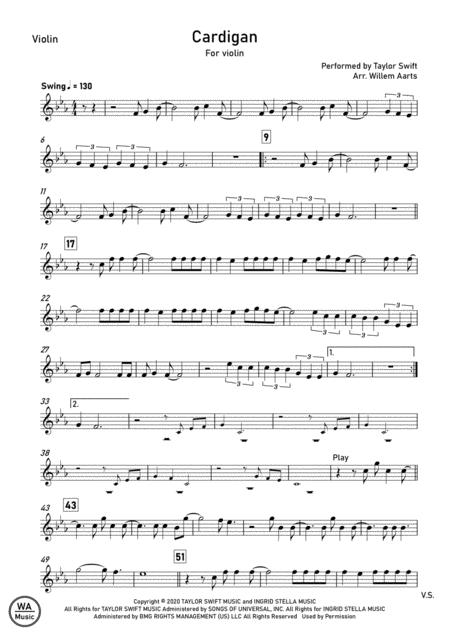 Cardigan By Taylor Swift Violin Sheet Music