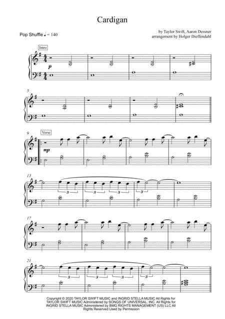 Cardigan Taylor Swift Easy Piano Sheet Sheet Music