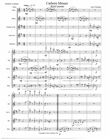 Carhorn Minuet Wind Quintet Sheet Music