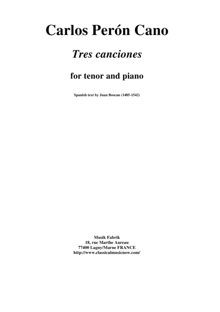 Carlos Pern Cano Tres Canciones For Tenor And Piano Sheet Music