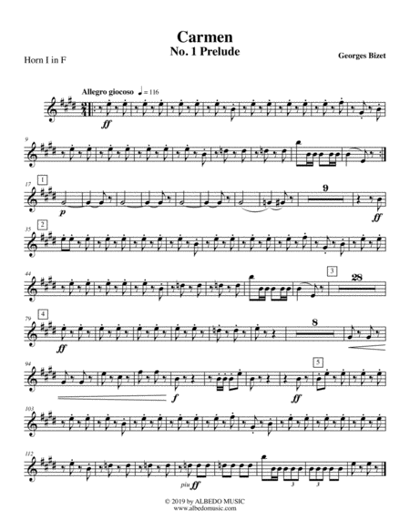Free Sheet Music Carmen No 1 Prelude Horn In F 1 Transposed Part