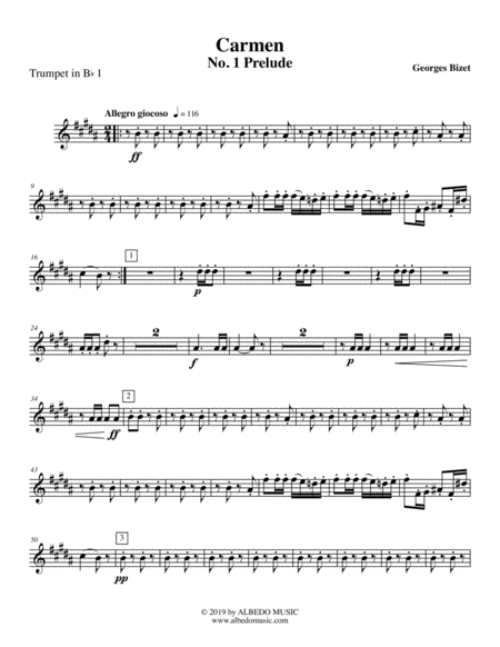 Free Sheet Music Carmen No 1 Prelude Trumpet In Bb 1 Transposed Part