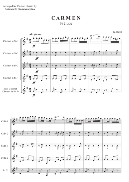 Free Sheet Music Carmen Prlude For Clarinet Quintet Clarinet Choir