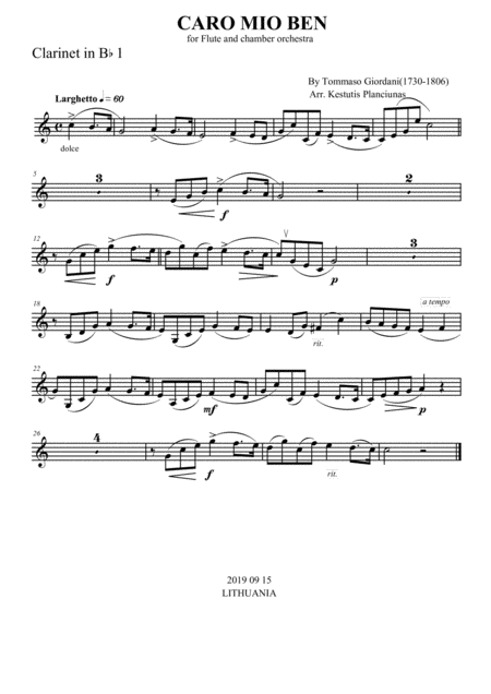 Free Sheet Music Caro Mio Ben For Flute And Chamber Orchestra