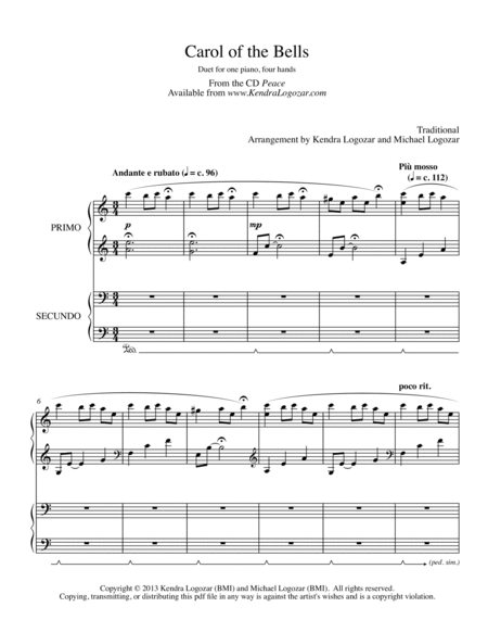 Free Sheet Music Carol Of The Bells Duet Traditional Christmas By Kendra And Michael Logozar