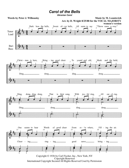 Carol Of The Bells F Small Ensemble Pricing Sheet Music