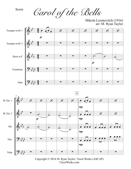 Carol Of The Bells For Brass Quintet Score Parts Sheet Music