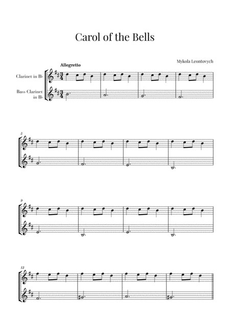 Free Sheet Music Carol Of The Bells For Clarinet And Bass Clarinet