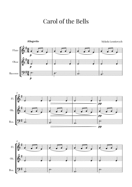 Free Sheet Music Carol Of The Bells For Flute Oboe And Bassoon Woodwind Trio