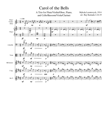 Free Sheet Music Carol Of The Bells For Flute Violin Oboe Piano And Cello Viola Trio