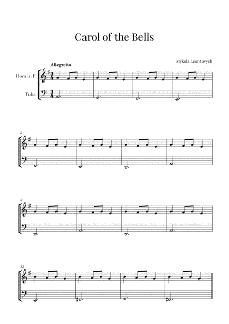 Carol Of The Bells For French Horn And Tuba Sheet Music