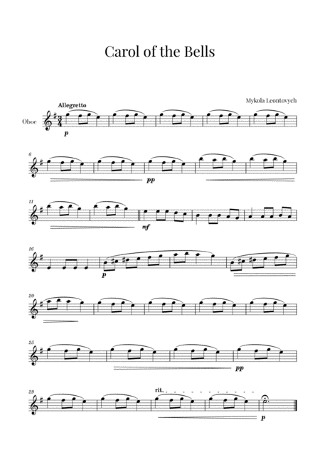 Carol Of The Bells For Oboe Sheet Music