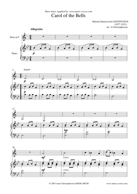 Free Sheet Music Carol Of The Bells French Horn And Piano