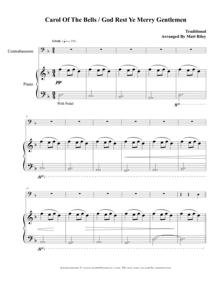 Free Sheet Music Carol Of The Bells God Rest Ye Merry Gentlemen Contrabassoon