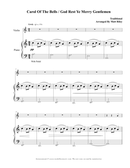 Carol Of The Bells God Rest Ye Merry Gentlemen Violin Sheet Music