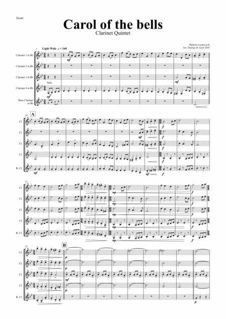 Free Sheet Music Carol Of The Bells Pentatonix Style Clarinet Quintet