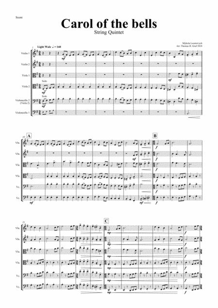 Carol Of The Bells Pentatonix Style String Quintet Sheet Music