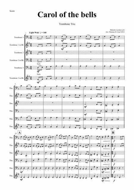 Carol Of The Bells Pentatonix Style Trombone Trio Sheet Music