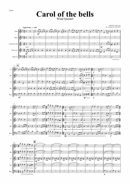 Carol Of The Bells Pentatonix Style Wind Quintet Sheet Music