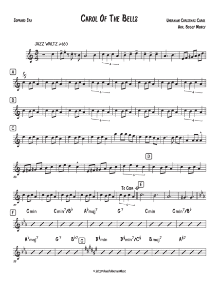 Free Sheet Music Carol Of The Bells Saxophone Quartet Satb Or Aatb