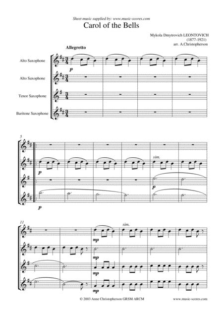 Free Sheet Music Carol Of The Bells Saxophone Quartet