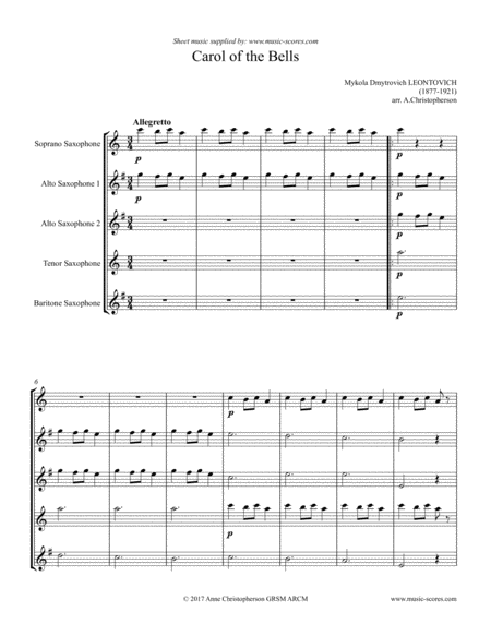 Carol Of The Bells Saxophone Quintet Sheet Music