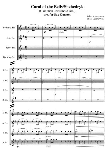 Free Sheet Music Carol Of The Bells Shchedryk Ukrainian Christmas Carol Arr For Sax Quartet