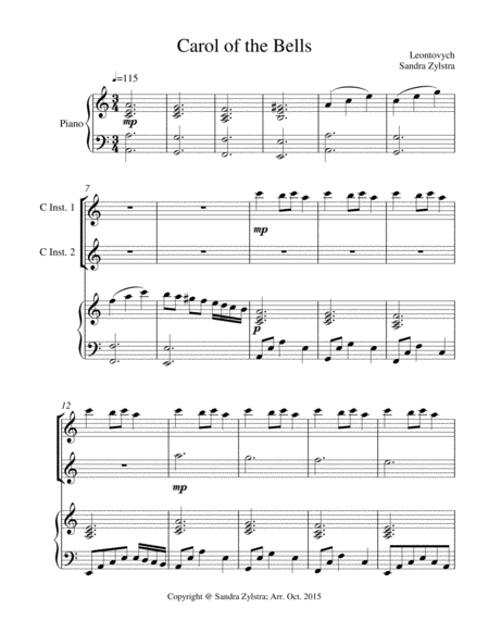 Free Sheet Music Carol Of The Bells Treble C Instrument Duet