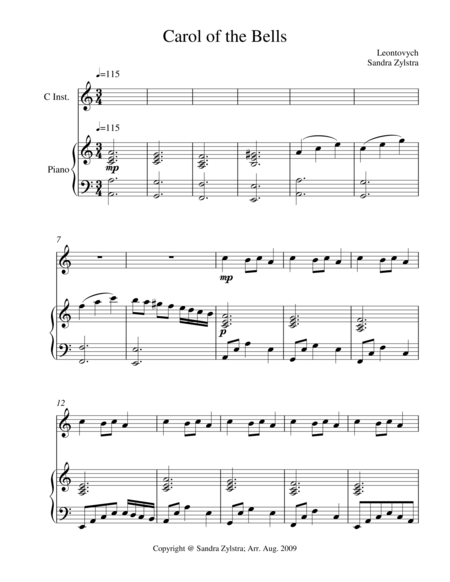 Carol Of The Bells Treble C Instrument Solo Sheet Music