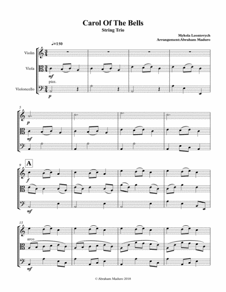 Free Sheet Music Carol Of The Bells Violin Viola Cello Trio