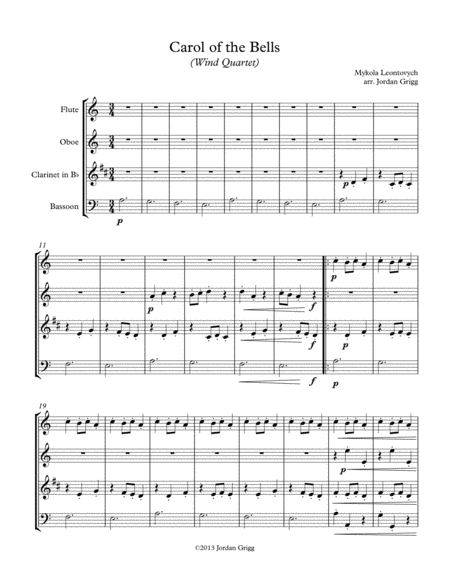 Free Sheet Music Carol Of The Bells Wind Quartet