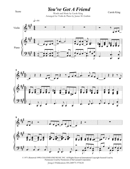 Free Sheet Music Carole King You Ve Got A Friend For Violin Piano