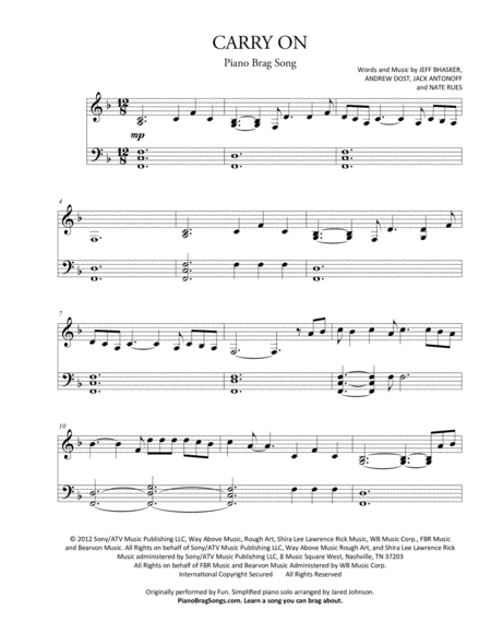 Carry On Short Piano Solo Sheet Music