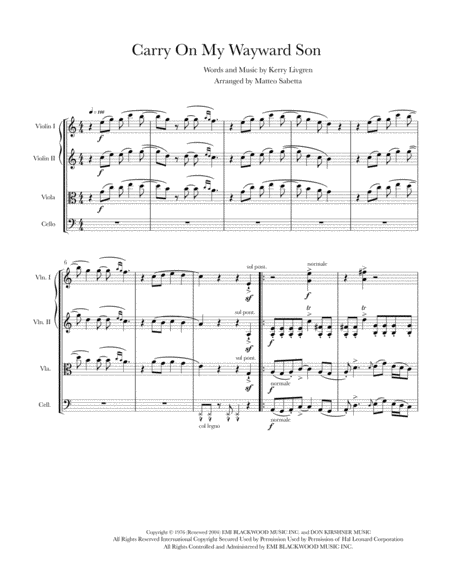 Carry On Wayward Son Arr String Quartet Sheet Music