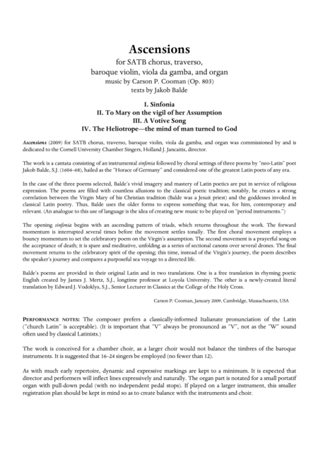 Carson Cooman Ascensions 2009 For Satb Chorus Traverso Baroque Violin Viola Da Gamba And Organ Score And Performance Parts Sheet Music