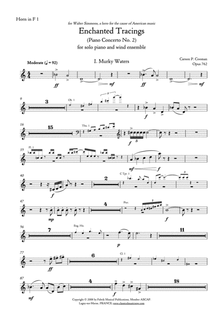 Carson Cooman Enchanted Tracings Piano Concerto No 2 2008 For Solo Piano And Wind Ensemble Horn 1 Part Sheet Music