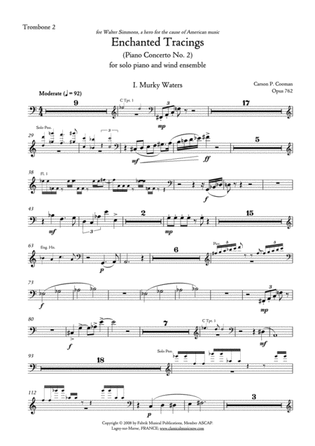 Carson Cooman Enchanted Tracings Piano Concerto No 2 2008 For Solo Piano And Wind Ensemble Trombone 2 Part Sheet Music