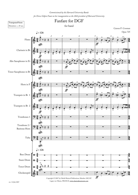 Carson Cooman Fanfare For Dgf Version For Concert Band Score And Parts Sheet Music