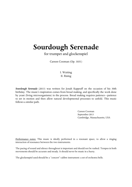 Carson Cooman Sourdough Serenade 2013 For Trumpet And Glockenspiel Sheet Music