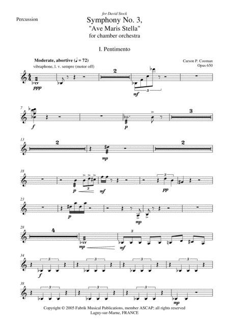 Carson Cooman Symphony No 3 Ave Maris Stella 2005 For Chamber Orchestra Percussion Part Sheet Music