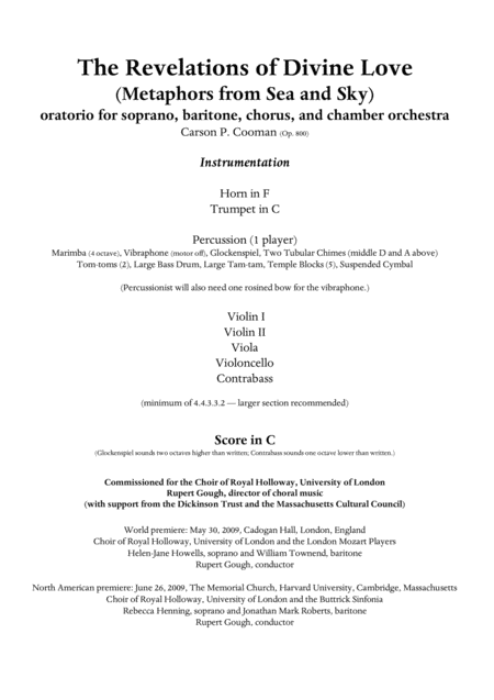 Carson Cooman The Revelations Of Divine Love Metaphors From Sea And Sky 2009 Oratorio For Soprano And Baritone Soloists Satb Chorus And Chamber Orches Sheet Music