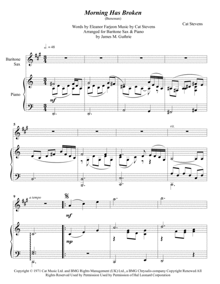 Free Sheet Music Cat Stevens Morning Has Broken For Baritone Sax Piano