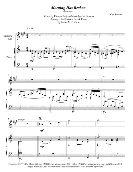 Cat Stevens Morning Has Broken For Baritone Sax Piano Sheet Music