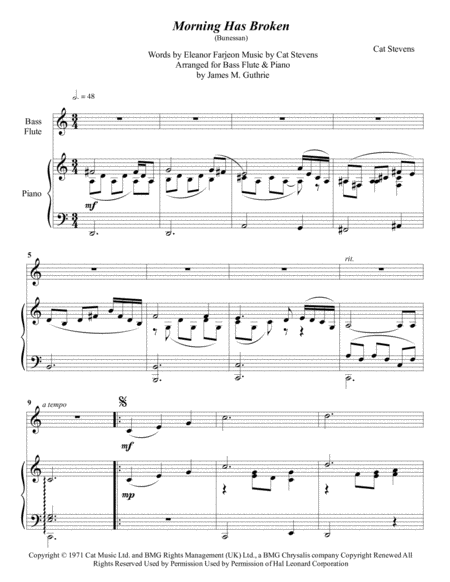 Free Sheet Music Cat Stevens Morning Has Broken For Bass Flute Piano