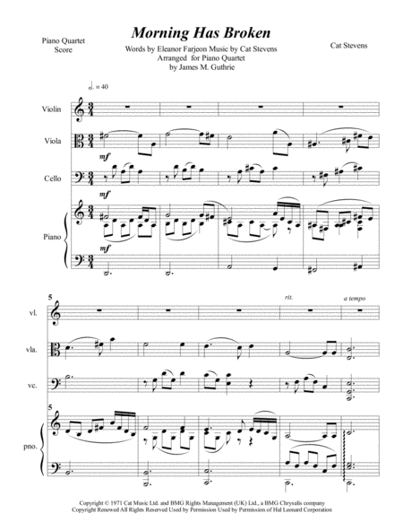 Cat Stevens Morning Has Broken For Piano Quartet Sheet Music