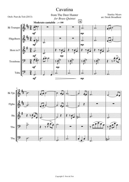 Free Sheet Music Cavatina Theme From The Deer Hunter Stanley Myers Brass Quintet