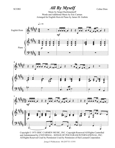 Celine Dion All By Myself For English Horn Piano Sheet Music