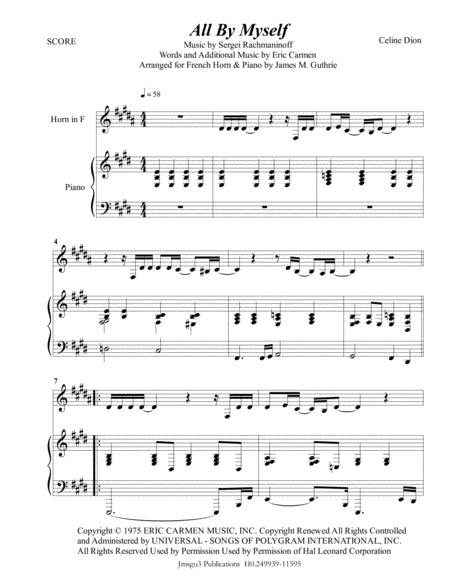 Celine Dion All By Myself For French Horn Piano Sheet Music