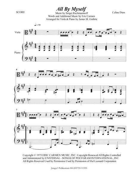 Celine Dion All By Myself For Viola Piano Sheet Music